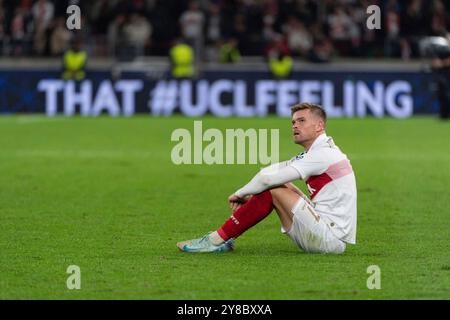 Nach spielende Entaeuschung, Frust bei Maximilian Mittelstaedt (VfB Stuttgart, #07) am Boden GER, VfB Stuttgart vs. AC Sparta Prag, Fussball, Herren, UEFA Champions League, 2. Spieltag, Spielzeit 2024/2025, 01.10.2024, Foto: Eibner-Pressefoto/Wolfgang Frank Stockfoto