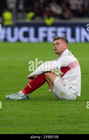 Nach spielende Entaeuschung, Frust bei Maximilian Mittelstaedt (VfB Stuttgart, #07) am Boden GER, VfB Stuttgart vs. AC Sparta Prag, Fussball, Herren, UEFA Champions League, 2. Spieltag, Spielzeit 2024/2025, 01.10.2024, Foto: Eibner-Pressefoto/Wolfgang Frank Stockfoto