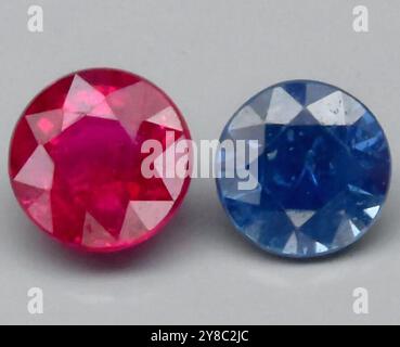 Strahlende rosa und blaue Edelsteine funkeln elegant auf einem weichen Hintergrund. Stockfoto