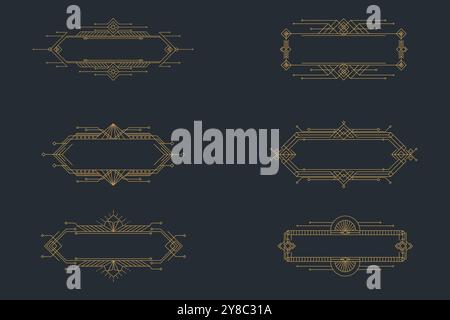 Art-Deco-Rahmen, goldene elegante antike Borten, dekorative Spielknöpfe oder Etiketten isoliert auf dunklem Hintergrund Stock Vektor