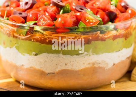 Hausgemachter mexikanischer Siebenlagiger Dip mit Tortilla Chips Stockfoto