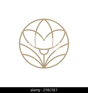 Logooptik mit rundem Blumenmuster. Emblem-Pflanze im kreisförmigen linearen Stil. Abstrakte Vektor-Abzeichen für Design von Naturprodukten, Blumenladen, Kosmetik Stock Vektor