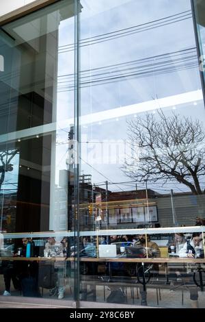 Schüler arbeiten an ihrem Laptop oder selbstständige Telearbeit in einem Starbucks Café mit einem Mitarbeiter in Toronto, der Wirtschaftshauptstadt von Cana Stockfoto