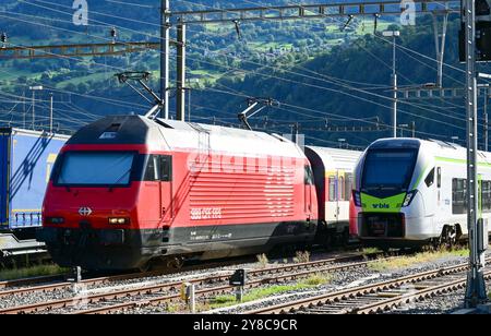 Elektrolokomotive SBB Klasse Re 460 und BLS Stadler Flirt / MIKA Emu am Bahnhof Brig, Wallis, Schweiz Stockfoto