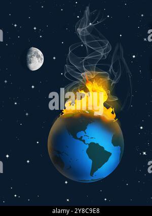 Die Erde brennt in Flammen und wird von weitem mit dem Mond und den Sternen im Hintergrund gesehen. Dies ist eine 3D-Illustration über die globale Erwärmung und das Klima c Stockfoto