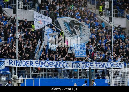 Die Fans der TSG 1899 Hoffenheim zeigen in der Fankurve ein Banner, Spruchband mit der Aufschrift: Rino der Sündenbock für eure Fehler, Solidarität mit Pellegrino Matarazzo (Rino, Trainer, Cheftrainer, Hoffenheim, nicht im Bild), Protestaktion, Protestaktion, protestieren, Aktion, Aktion, Fans, Ultras Publikum, Zuschauer, Stimmung, Atmosphäre, Stadion, 03.10.2024, Sinsheim (Deutschland), Fussball, UEFA Europa League, GRUPPENPHASE, TSG 1899 HOFFENHEIM - DYNAMO KIEW, VORSCHRIFTEN VERBIETEN DIE VERWENDUNG VON FOTOGRAFIEN ALS BILDSEQUENZEN UND/ODER QUASI-VIDEO. Stockfoto