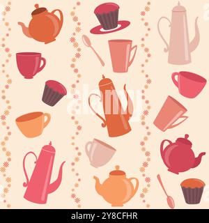 Streifenmuster mit Tassen, Teekannen und Kuchen Stock Vektor