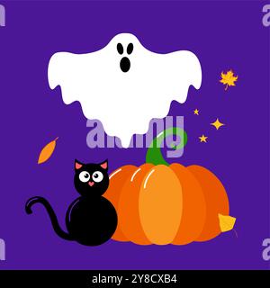 Gruselige Geister Kürbis schwarze Katze Blätter Herbst Halloween Komposition, Vektor Illustration Stock Vektor