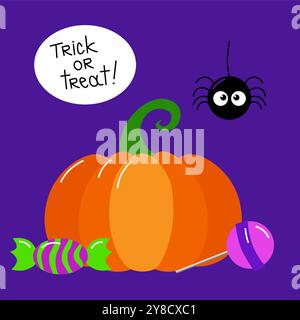 Halloween-Vektor-Illustration. Trick or Treat, Kürbis mit Süßigkeiten, schwarze Spinne. Quadratische Karte für soziale Medien, Druck, Aufkleber oder Poster. Gruselig und spitzenmäßig Stock Vektor