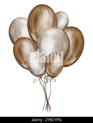 Illustration Aquarell Luftballons in Gold und Silber, braune Farben auf isoliertem Hintergrund Stockfoto