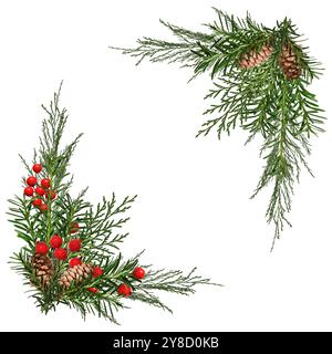 Weihnachtsarrangements in der Ecke. Nadelzweige mit Kegeln sind mit künstlichen roten Beeren verziert. Stockfoto