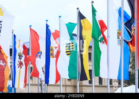 Feierlichkeiten zum Tag der Deutschen Einheit Fahnen bei den Feierlichkeiten zum Tag der Deutschen Einheit in Schwerin, 3. Oktober 2024 Deutschland *** Feierlichkeiten zum Tag der Deutschen Einheit Flaggen bei den Feierlichkeiten zum Tag der Deutschen Einheit in Schwerin, 3. Oktober 2024 Deutschland Copyright: XMatthiasxGränzdörferx Stockfoto