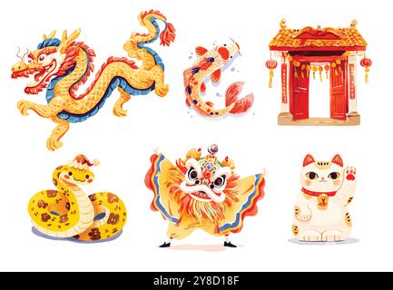 Chinesische Mondneujahrsschlange 2025, Clipart Set Vektor Stock Vektor