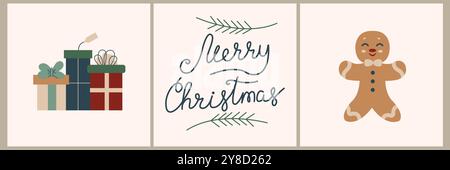 Weihnachtskarten-Set - handgezeichnete niedliche Flyer. Postkarten mit Schriften und Weihnachtselementen. Geschenke, Lebkuchen. Flache Vektorabbildungen. Stock Vektor