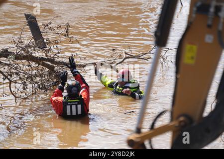 Asheville, Usa. Oktober 2024. FEMA Urban Search and Rescue Teams mit der New Jersey Task Force 1 beseitigen Trümmer bei der Suche nach Opfern und Überlebenden von Überschwemmungen, die durch Hurrikan Helene verursacht wurden, am 2. Oktober 2024 in Asheville, North Carolina. Quelle: Madeleine Cook/FEMA Photo/Alamy Live News Stockfoto