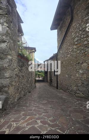 Enge Sackgasse zwischen Gebäuden, die zu einem geschlossenen Tor führt Stockfoto