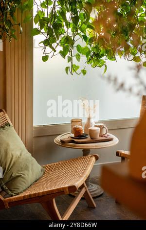 Gemütliche Café-Ecke mit Rattanstuhl, kleinem runden Tisch mit Kaffee, Gebäck und einer Vase mit getrockneten Blumen, umgeben von üppigen hängenden Pflanzen Stockfoto