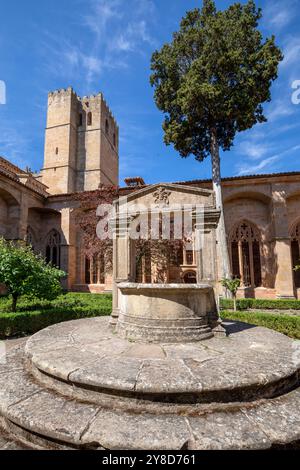 Vertikaler Blick auf das Innere des landschaftlich gestalteten mittelalterlichen Kreuzgangs der Kathedrale von Sigüenza, Guadalajara, Spanien, mit einem der Türme im Hintergrund Stockfoto