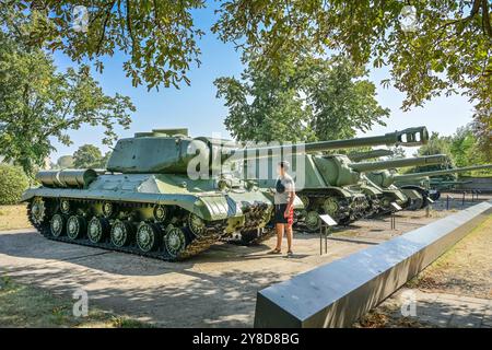 Diverse Kampffahrzeuge, links Russischer Kampfpanzer IS-2, Museum Berlin-Karlshorst: Ort der Kapitulation Mai 1945, Zwieseler Straße, Karlshorst, lich Stockfoto