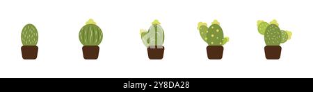 Symbole für Kakteen-Vektor gesetzt. Süße grüne Kakteen Sukkulenten. Exotische dekorative Pflanze. Kleine Kakteen in Töpfen Set. Pflanze mit Dornenvektor. Grüne Wüstenpflanzen. Stock Vektor