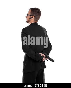 Bodyguard im Anzug mit Pistole isoliert auf weiß Stockfoto