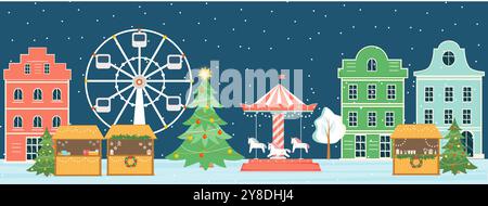 Horizontales Banner der Weihnachtsmesse. Winterliche Nacht Stadtlandschaft mit Gebäuden, Kiosken, Riesenrad, Karussell, Tannen. Stock Vektor