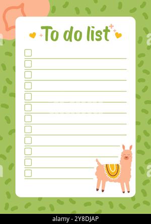 Kinderplaner-Seitenvorlage mit lama auf grünem Hintergrund. Niedliches Kinderpapier. Stock-Vektor-Illustration in flacher Zeichentrickstil. Stock Vektor