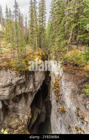 Unglaublicher Maligne Canyon im Jasper National Park während der Frühlingszeit mit unwirklich landschaftlich reizvollen Aussichten auf Kanada in den Rockies von Kanada. Panoramablick auf die Natur. Stockfoto