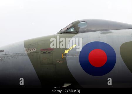 RAF Vulcan ccokpit. Im East Midlands Aeropark gemothbballt. Stockfoto