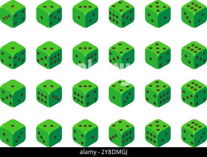 3D Grüne Würfel mit schwarzen Punkten gesetzt. Alle Positionen und Drehungen, Stock Vector Illustration isoliert auf weißem Hintergrund im Cartoon Stil. Stock Vektor