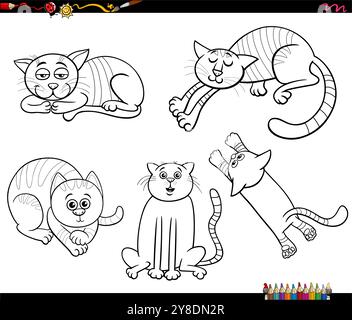 Schwarz-weiße Zeichentrickfilme von Katzen und Kätzchen Comic Tierfiguren Set Ausmalseite Stock Vektor