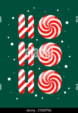 Ho Ho Ho lustige bunte Weihnachtsvektor-Illustration mit niedlichen Lutscher. Runde rote und weiße Weihnachtsbonbons, traditionelles Dessert. Hohoho Santa Stock Vektor