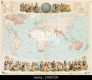 Vintage Pictorial Map of the World 1855, markieren Sie das gesamte britische Empire in Rot und indigene Trachten der Kolonien Stockfoto