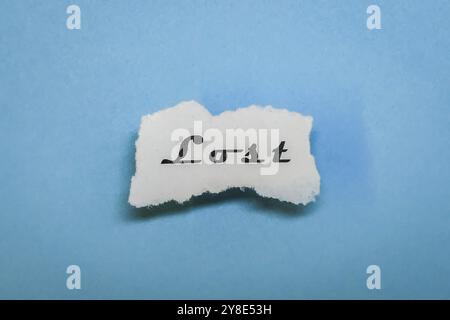 Ein Stück Papier mit dem Wort "verloren" auf blauem Hintergrund, minimalistisch Stockfoto
