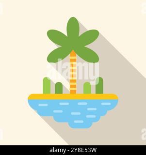 Minimalistische Vektor-Illustration mit einer tropischen Insel mit einer einsamen Palme, die einen langen Schatten über das umgebende Wasser wirft Stock Vektor