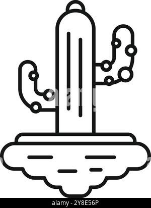 Minimalistisches Line Art-Symbol eines Kaktusses, der aus einem Stück fliegendem Boden wächst Stock Vektor