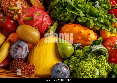 Eine lebendige Auswahl an frischem und farbenfrohem Obst und Gemüse, die für alle prächtig präsentiert wird Stockfoto