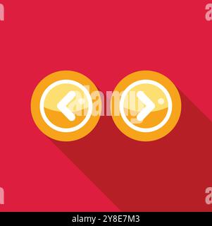 Zwei gelbe runde Tasten mit Pfeilen nach links und rechts auf rotem Hintergrund mit langen Schatten Stock Vektor
