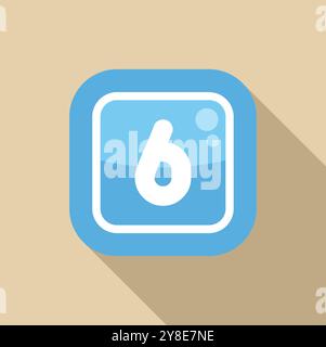 Das blaue, abgerundete Quadrat-Symbol wirft einen langen Schatten auf einem hellbraunen Hintergrund, mit der Zahl sechs in der Mitte Stock Vektor
