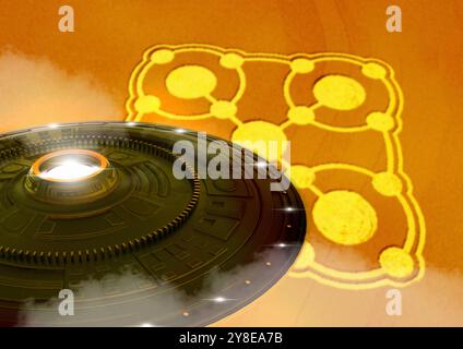 Computerdarstellung eines nicht identifizierten Flying Object (UFO) und Kornkreise. Es gibt pseudowissenschaftliche Hypothesen, die vermuten, dass UFOs das Raumschiff sind, in dem außerirdische Menschen (ETS) die Erde besuchen. Einige glauben, dass diese kreisförmigen Vertiefungen, die manchmal in Kulturen vorkommen, den Ort der UFO-Anlandungen markieren. Stockfoto