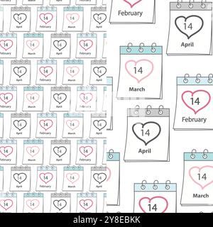 Kalenderseiten mit Datum Februar, März, 14. April und nahtlosem Muster in Herzform, 2 Stück. Isolierte Vektor-Illustration Grußhintergrund oder Hintergrundbild, Verpackung oder Web, Karte, Poster, Etikett Stock Vektor