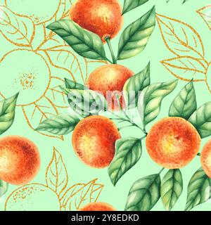 Botanische Aquarellillustration mit handgezeichneten Mandarinen Stockfoto