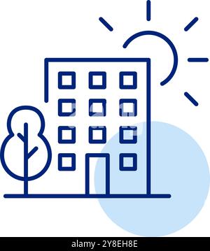 Wohnhaus, Sonne und Baum. Warmes Klima komfortables Wohnen. Immobilien in der Stadt. Pixel Perfect Vektor-Symbol Stock Vektor