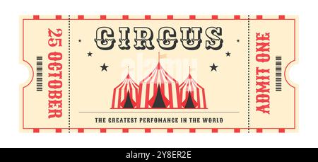 Farbenfrohe rote, schwarze Vintage-Zirkuskarte. Drei gestreifte Zirkuszelte in der Mitte, Sterne, dekorativer Textzirkus, Details Veranstaltungen, eins zugeben, Barcode und Datum. Illustration des flachen Vektors auf weißem Hintergrund Stock Vektor