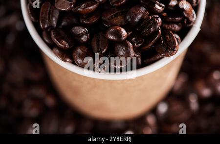 Frische Bohnen, Nahaufnahme und Kaffeebohnen mit Pappbecher für Café, Bistro und Zutaten für warme Getränke. Zoom, Robusta-Samen, braune Röstkörner von weiß Stockfoto