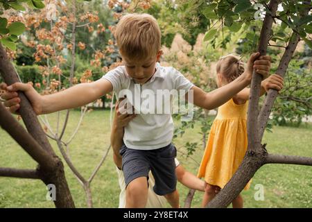 Kinder klettern an einem sonnigen Tag im Garten auf einen Baum Stockfoto