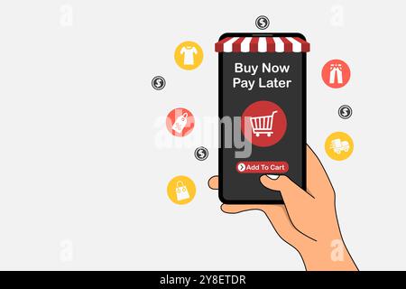 Hand hält ein Smartphone für Online-Shopping und später bezahlt. Jetzt kaufen, später bezahlen, Online-Shopping-Konzept. Vektorabbildung. Stock Vektor