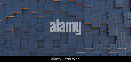 3D-Darstellung Eine blaue Wand mit schwarzem und orangefarbenem Design Stockfoto