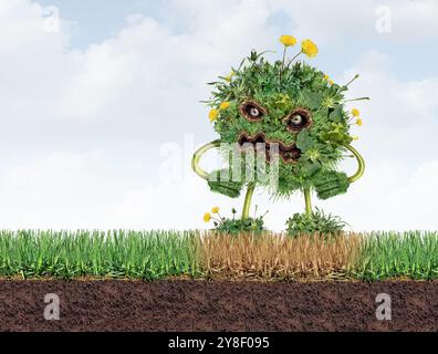 Rasen Unkraut Monster auf einem gesunden Rasen als Grasfigur und Unkrautprobleme als Löwenzahn mit Kleebreben Gras Schädlingsproblem als Symbol für Herbizid Stockfoto