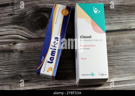 Kairo, Ägypten, 29. September 2024: Topische Antimykotika, Lamifen-Creme Terbinafin HCL und Closol Clotrimazol 10 mg Spray für topische Lösung, für das Trea Stockfoto